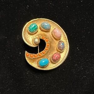 Gold Tone Brooch with Multicolor Gemstones